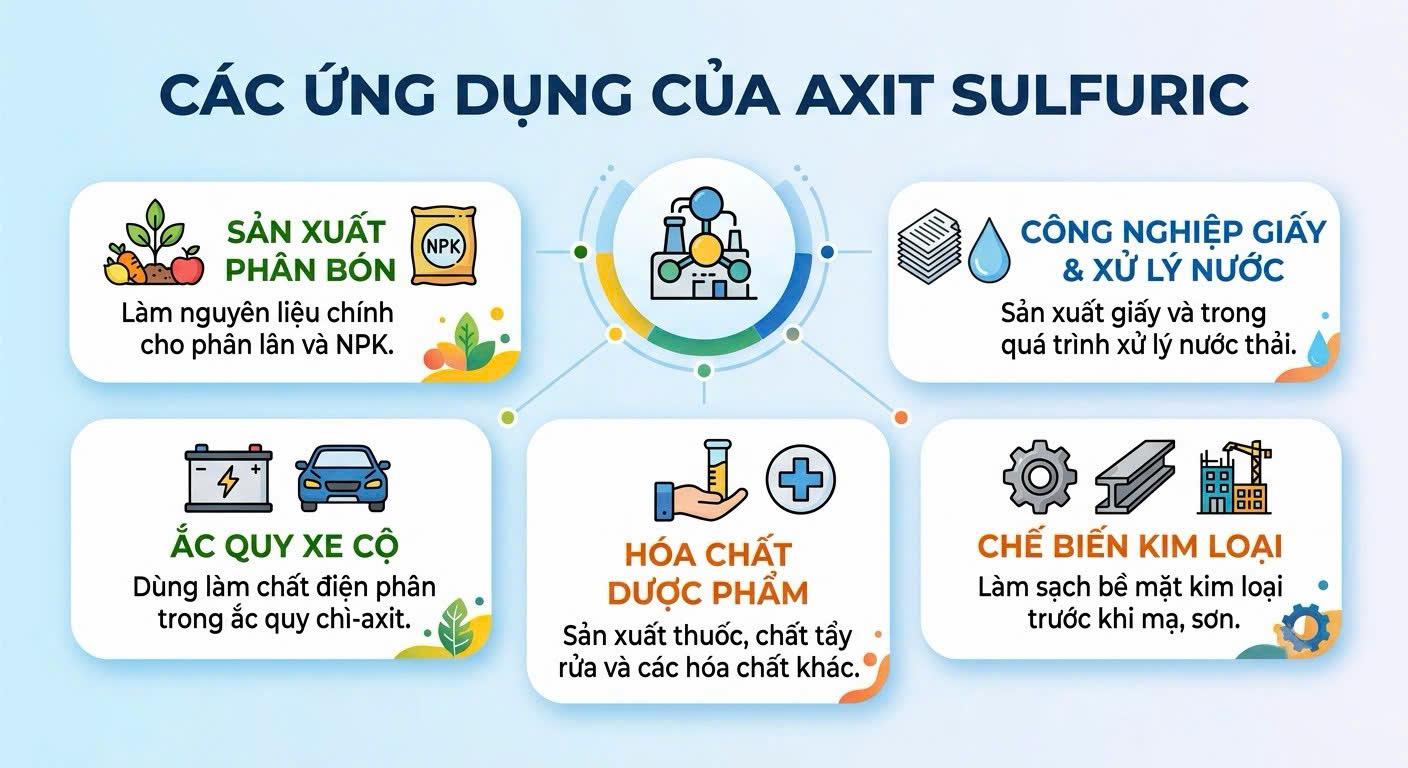 Infographic các ứng dụng công nghiệp của axit sulfuric: sản xuất phân bón, ắc quy, hóa chất, giấy, xử lý nước và chế biến kim loại