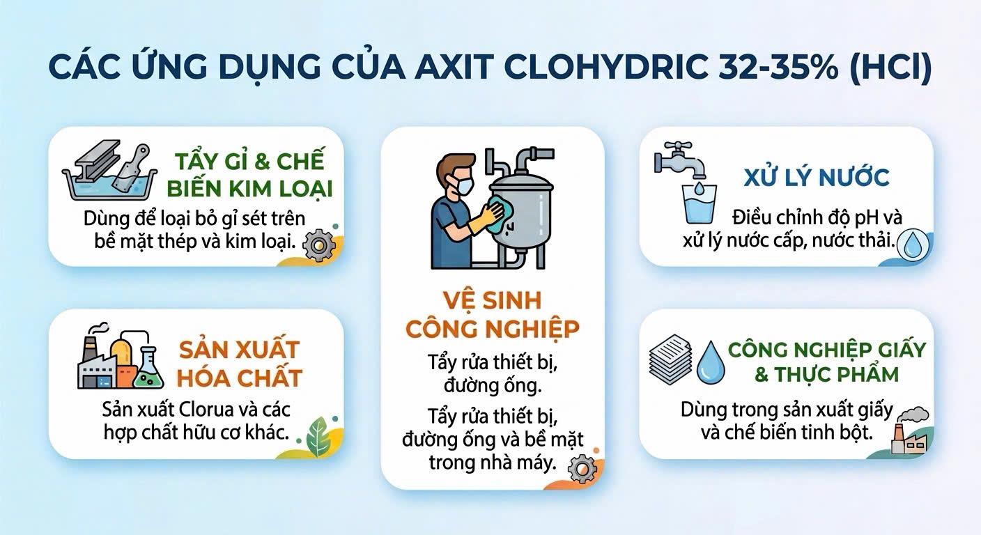 Infographic các ứng dụng của axit clohydric HCl 32–35% trong xử lý nước, tẩy gỉ kim loại, vệ sinh công nghiệp và sản xuất hóa chất